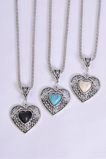 Necklace Silver Chain Metal Antique Heart Semiprecious Stone / 12 pcs = Dozen Match 03089 Pendant - 1.75" x 1.25" Wide , Chain-18" Extension Chain , 4 Ivory , 4 Black , 4 Turquoise Asst , Hang Tag & OPP Bag & UPC Code