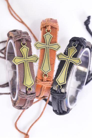 Bracelet Real Leather Band Sideways Cross Gold / 12 pcs = Dozen  Adjustable , 4 of each Pattern Mix , Individual Hang tag & OPP Bag & UPC Code