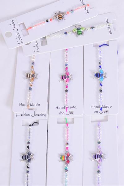 Bracelet Enamel Honey Bee Glass Crystal Multi / 12 pcs = Dozen Pull-String , Adjustable , 12 Pattern Mix , Individual Hang tag & OPP Bag & UPC Code