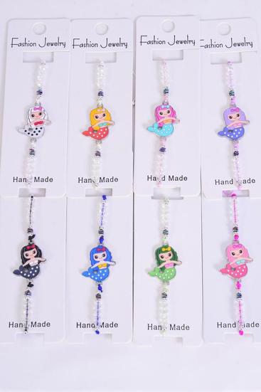 Bracelet Mermaid Enamel Glass Crystal Iridescent Multi / 12 pcs = Dozen Match 00079  Pull-String , Adjustable , 12 Color Mix , Individual Hang Tag & OPP Bag & UPC Code