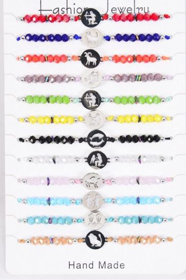 Bracelet Stainless Steel Greek Myth Zodiac Sign Glass Crystal Multi / 12 pcs = Dozen Pull-String , Adjustable 12 Month Asst , Hang tag & OPP Bag & UPC Code , 1 Dozen per Card