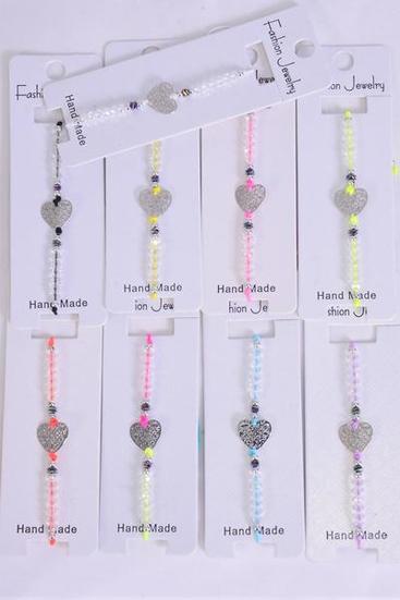 Bracelet Silver Filigree Heart Silver Plated Stainless Steel Glass Crystal Mix Neon/DZ **Pull-String** Adjustable,Neon Color Asst,Individual Hang Tag & OPP Bag & UPC Code