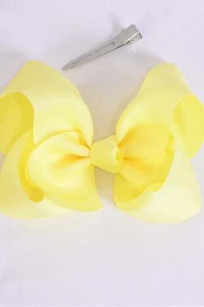 Hair Bow Jumbo Baby Yellow Grosgrain Bow-tie / 12 pcs Bow = Dozen Baby Yellow , Alligator Clip , Size - 6" x 5" Wide , Clip Strip & UPC Code