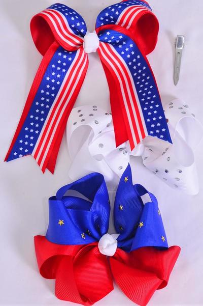 Hair Bow Jumbo Patriotic Flag Stars Stripes Mix Grosgrain Bow-tie / 12 pcs Bow = Dozen Alligator Clip , Bow - 6" x 5" Wide , 4 Of Each Pattern Asst , Clip Strip & UPC Code