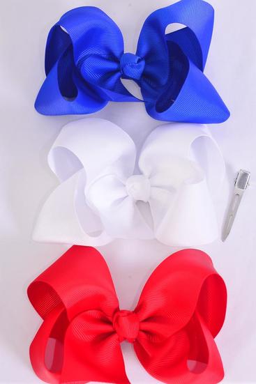 Hair Bow Jumbo Patriotic Red White Royal Blue Mix Grosgrain Bow-tie / 12 pcs Bow = Dozen Alligator Clip , Size - 6" x 5" Wide , 4 of each Pattern Asst , Clip Strip & UPC Code