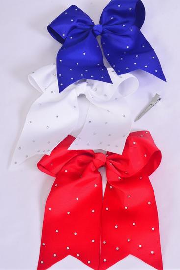 Hair Bow Extra Jumbo Long Tail Cheer Type Bow Patriotic Clear Stone Studded Grosgrain Bow-tie / 12 pcs Bow = Dozen  Alligator Clip , Size - 6.5" x 6" Wide , 4 of each color Asst , Clip Strip & UPC Code