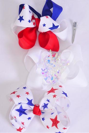 Hair Bow Jumbo Patriotic Stars Grosgrain Bow-tie / 12 pcs Bow = Dozen  Alligator Clip , Bow - 6" x 5" Wide , 4 Of Each Pattern Asst , Clip Strip & UPC Code