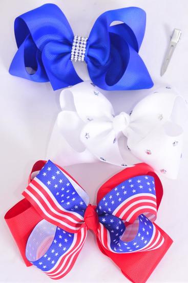 Hair Bow Jumbo Patriotic Stars Stripes Mix Grosgrain Bow-tie / 12 pcs Bow = Dozen Alligator Clip , Bow - 6" x 5" Wide , 4 Of Each Pattern Asst , Clip Strip & UPC Code