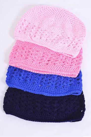 Kufi Hat Hand Crocheted 100% Cotton Beanie Skull Cap Hat Stretch Multi / 12 pcs = Dozen Multi , Stretch , One Size , 3 Hot Pink , 3 Baby Pink , 3 Navy , 3 Royal Blue Color Asst , OPP Bag