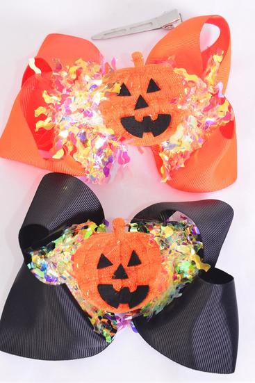 Hair Bow Jumbo Halloween Iridescent Jack O&#039;lantern Pumpkin Grosgrain Bow-tie / 12 pcs Bow = Dozen Alligator Clip , Size - 6" x 6" Wide , 6 Black , 6 Autumn Orange Color Asst , Clip Strip & UPC Code