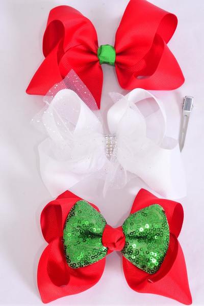 Hair Bow Jumbo XMAS Sequin Bow tie Red White Green Mix Grosgrain Bow-tie / 12 pcs Bow = Dozen  Christmas , Alligator Clip , Size - 6" x 5" Wide , 4 of each Pattern Asst , Clip Strip & UPC Code.