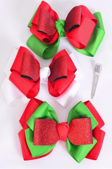 Hair Bow Jumbo XMAS Triple Layered Metallic Bow Grosgrain Bow-tie / 12 pcs Bow = Dozen Christmas , Alligator Clip , Size - 6"x 5" Wide , 4 of each Pattern Asst , Clip Strip & UPC Code