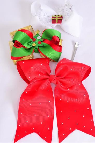 Hair Bow Jumbo Christmas Mix Grosgrain Bow-tie / 12 pcs Bow = Dozen XMAS, Alligator Clip , Bow Size - 6" x 5" and 6.5" x 6 " Wide , 4 of each Pattern Asst , Clip Strip & UPC Code