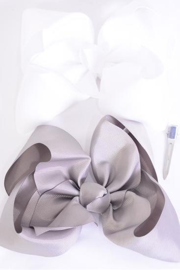 Hair Bow Jumbo Gray White Mix Grosgrain Bow-tie / 12 pcs Bow = Dozen Alligator Clip , Size - 6" x 5" Wide , 6 Gray , 6 White Color Asst , Clip Strip & UPC Code