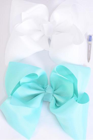 Hair Bow Extra Jumbo Cheer Type Bow Aqua White Mix Grosgrain Bow-tie / 12 pcs Bow = Dozen  Alligator Clip, Size - 8 x 7" Wide , 6 Aqua , 6 White Color Asst , Clip Strip & UPC Code