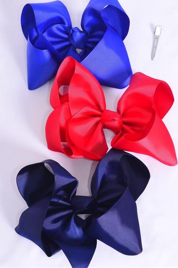 Hair Bow Jumbo Navy Red Royal Blue Mix Grosgrain Bow-tie / 12 pcs Bow = Dozen Alligator Clip , Size - 6" x 5", 4 Navy , 4 Red , 4 Royal Blue Color Asst , Clip Strip & UPC Code