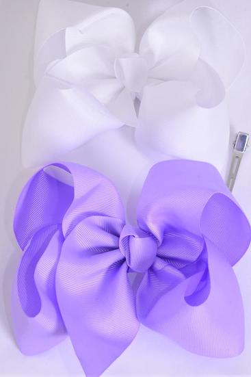 Hair Bow Extra Jumbo Cheer Type Bow Lavender White Mix Grosgrain Bow-tie / 12 pcs Bow = Dozen  Lavender & White Mix , Alligator Clip , Size - 8" x 7" Wide , 6 Lavender , 6 White Color Asst , Clip Strip  & UPC Code