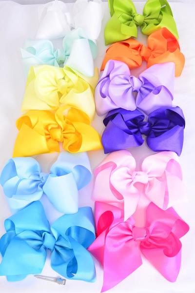 Hair Bow Jumbo Rainbow Grosgrain Bow-tie / 12 pcs Bow = Dozen Alligator Clip , Size - 6" x 5" Wide , 12 Color Asst , Clip Strip & UPC Code