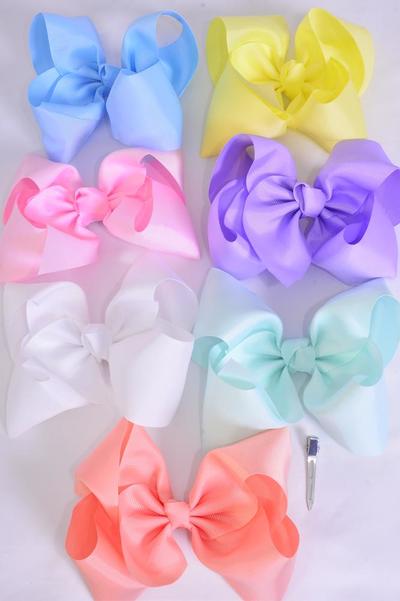 Hair Bow Jumbo Pastel Grosgrain Bow-tie / 12 pcs Bow = Dozen Alligator Clip , Size - 6" x 5" Wide , 2 White , 2 Baby Pink , 2 Lavender , 2 Blue , 2 Yellow , 1 Peach , 1 Mint Color Asst , Clip Strip and UPC Code