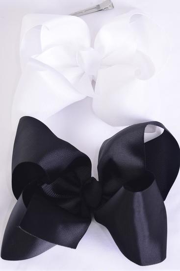 Hair Bow Jumbo Black White Color Mix Grosgrain Bow-tie / 12 pcs Bow = Dozen Alligator Clip , Size - 6" x 5" Wide , 6 Black , 6 White Color Mix , Clip Strip & UPC Code