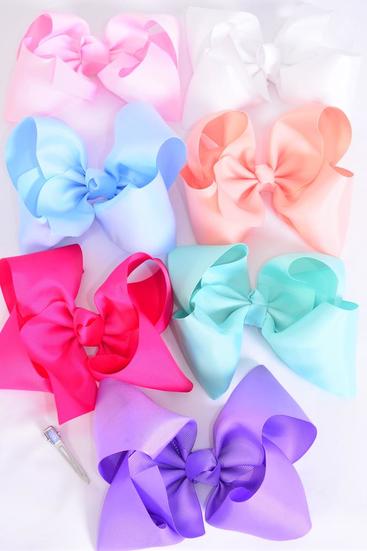 Hair Bow Extra Jumbo Cheer Type Bow Spring Time Grosgrain Bow-tie / 12 pcs Bow = Dozen  Alligator Clip , Size-8"x 7" Wide ,2 White ,2 Fuchsia ,2 Sky Blue ,2 Baby Pink , 2 Lavender ,1 Peach ,1 Aqua Color Asst , Clip Strip & UPC Code