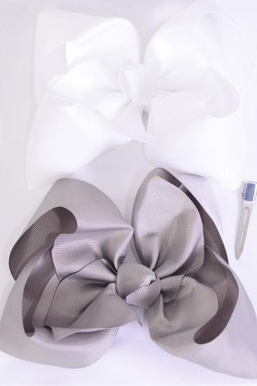 Hair Bow Extra Jumbo Cheer Type Bow Gray White Mix Grosgrain Bow-tie / 12 pcs Bow = Dozen Alligator Clip , Size - 8" x 7" Wide , 6 Gray , 6 White Color Asst , Clip Strip & UPC Code 