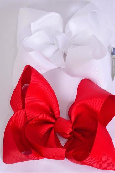 Hair Bow Extra Jumbo Cheer Type Bow Red White Mix Grosgrain Bow-tie / 12 pcs Bow = Dozen Alligator Clip , Size - 8" x 7" Wide , 6 Red , 6 White Asst , Clip Strip & UPC Code