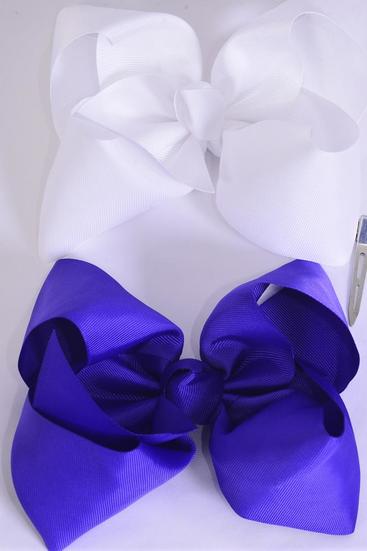 Hair Bow Extra Jumbo Cheer Type Bow Purple White Mix Grosgrain Bow-tie /12 pcs Bow = Dozen Alligator Clip , Size - 8" x 7" Wide ,  6 Purple , 6  White Color Asst , Clip Strip & UPC Code