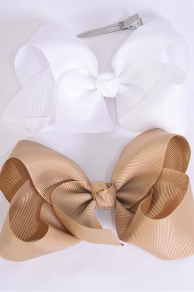 Hair Bow Jumbo Khaki White Mix Grosgrain Bow-tie / 12 pcs Bow = Dozen Alligator Clip , Size - 6" x 5" Wide , 6 White , 6 Dark Khaki Asst , Clip Strip & & UPC Code