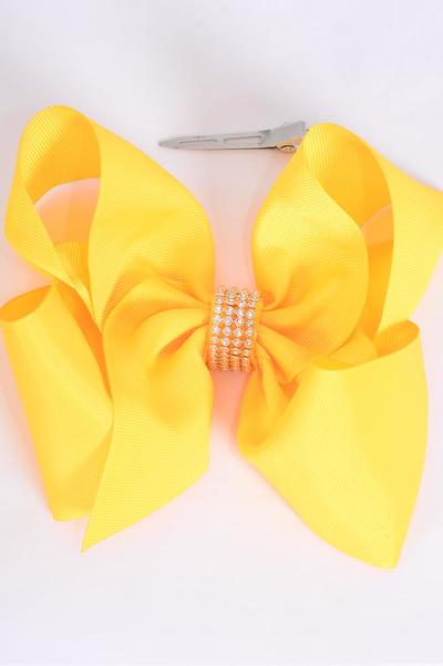 Hair Bow Jumbo Center Clear Stones Yellow Grosgrain Bow-tie / 12 pcs Bow = Dozen Daffodill Yellow , Alligator Clip , Size - 6" x 5" Wide , Clip Strip & UPC Code