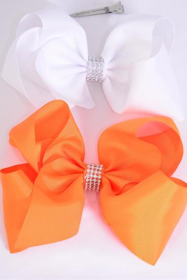 Hair Bow Jumbo Center Clear Stones Orange White Mix Grosgrain Bow-tie / 12 pcs Bow = Dozen  Alligator Clip , Bow - 6" x  5" , 6 Orange , 6 White Color Asst , Clip Strip & UPC Code