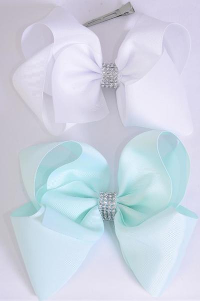 Hair Bow Jumbo Center Clear Stones Mint Green White Mix Grosgrain Bow-tie / 12 pcs Bow = Dozen Alligator Clip , Bow - 6" x 5" , 6 Mint Green , 6  White Asst , Clip Strip & UPC Code