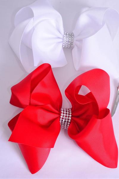 Hair Bow Jumbo Center Clear Stones Red White Mix Grosgrain Bow-tie / 12 pcs Bow = Dozen  Alligator Clip , Bow - 6" x 5", 6 Red , 6 White Color Asst , Clip Strip & UPC Code