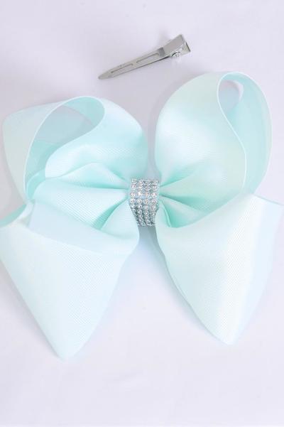 Hair Bow Jumbo Center Clear Stones Mint Green Grosgrain Bow-tie / 12 pcs Bow = Dozen Mint Green , Alligator Clip , Bow - 6" x 5" Wide , Clip Strip & UPC Code