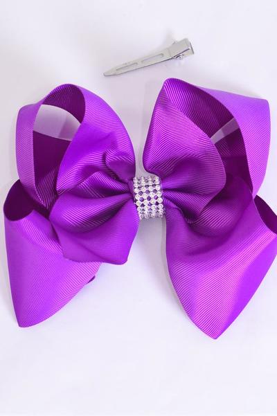 Hair Bow Jumbo Center Clear Stones Ultra Violet Grosgrain Bow-tie / 12 pcs Bow = Dozen  Ultra Violet , Alligator Clip , Bow - 6" x 5" , Clip Strip & UPC Code