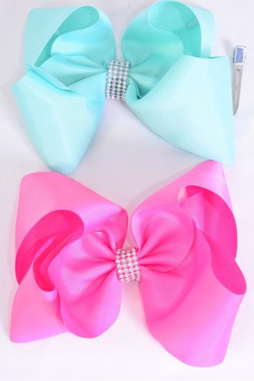 Hair Bow Jumbo Center Clear Stones Aqua Hot Pink Mix Grosgrain Bow-tie / 12 pcs Bow = Dozen  Alligator Clip , Bow - 6" x 5" Wide , 6 Aqua , 6 Hot Pink Asst , Clip Strip & UPC Code