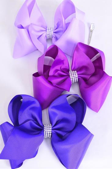 Hair Bow Jumbo Center Clear Stones Purple Mix Grosgrain Bow-tie / 12 pcs Bow = Dozen Purple Mix , Alligator Clip , Bow - 6" x 5" Wide , 4 Purple , 4 Violet , Laventer Color Asst , Clip Strip & UPC Code