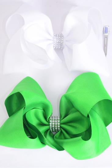 Hair Bow Jumbo Center Clear Stones Irish Green White Mix Grosgrain Bow-tie / 12 pcs Bow = Dozen Irish Green White Mix , Alligator Clip , Bow - 6" x 5" , 6 of each Color Asst , Clip Strip and UPC Code