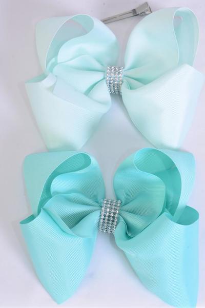 Hair Bow Jumbo Center Clear Stones Mint Green Mix Grosgrain Bow-tie / 12 pcs Bow = Dozen  Alligator Clip , Bow - 6" x 5" Wide , 6 Aqua , 6 Mint Green Color Asst , Clip Strip & UPC Code