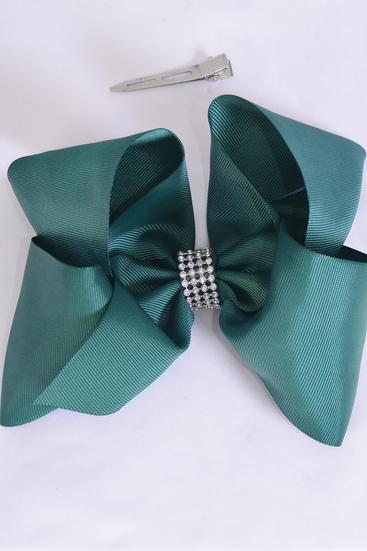 Hair Bow Jumbo Center Clear Stones Spruce Grosgrain Bow-tie /12 pcs Bow = Dozen   Spruce , Alligator Clip , Bow - 6" x 5", Clip Strip & UPC Code