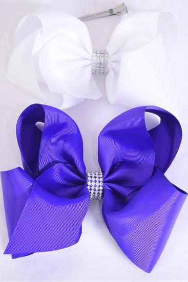 Hair Bow Jumbo Center Clear Stones Purple White Mix Grosgrain Bow-tie / 12 pcs Bow = Dozen Alligator Clip , Bow - 6" x 5" Wide , 6 Purple , 6 White Color Asst , Clip Strip & UPC Code