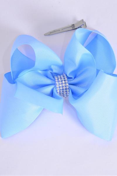 Hair Bow Jumbo Center Clear Stones Sky Blue Grosgrain Bow-tie / 12 pcs Bow = Dozen Sky Blue , Alligator Clip , Bow - 6" x 5", Clip Strip & UPC Code