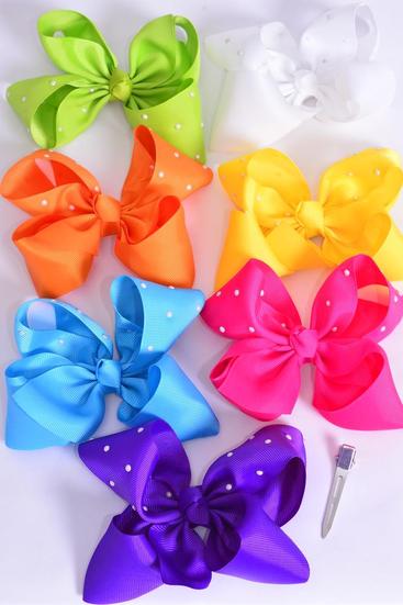 Hair Bow Jumbo Pearl Studded Grosgrain Bow-tie Citrus / 12 pcs bow = Dozen  Alligator Clip , Size - 6" x 5" Wide , 2 White , 2 Fuchsia , 2 Blue , 2 Yellow , 2 Purple , 1 Orange , 1 Lime Color Asst , Clip Strip & UPC Code