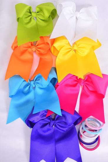 Hair Bow Extra Jumbo Long Tail Cheer Type Bow Citrus Elastic Grosgrain Bow-tie / 12 pcs Bow = Dozen Elastic Pony , Size - 6.5" x 6" Wide , 2 Fuchsia , 2 Blue , 2 Yellow , 2 Purple , 2 White ,1 Lime ,1 Orange Color Mix , Clip Strip & UPC Code