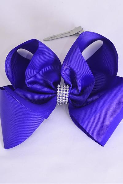 Hair Bow Jumbo Center Clear Stone Purple Grosgrain Bow-tie / 12 pcs Bow = Dozen  Purple , Alligator Clip , Bow - 6" x 5" , Clip Strip & UPC Code