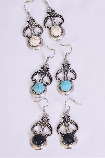 Earrings Metal Antique Semiprecious Stone / 12 pair = Dozen Fish Hook , Size - 1.25" x 1" Wide , 4 Black , 4 Ivory , 4 Turquoise Asst , Earring Card & OPP Bag & UPC Code-