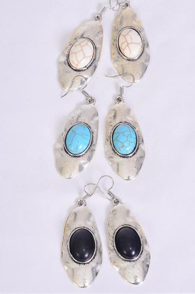 Earrings Metal Antique Oval Semiprecious Stone / 12 pair = Dozen  Match 70084 Fish Hook , Size - 2" x 1" Wide , 4 Black , 4 Ivory , 4 Turquoise Asst , Earring Card & OPP Bag & UPC Code -