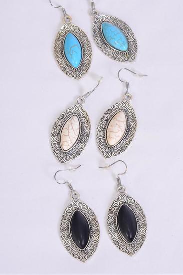 Earrings Metal Antique Aztec Western Look Real Semiprecious Stone / 12 pcs = Dozen Fish Hook , Size - 1.25" x 1" Wide , 4 Black , 4 Ivory , 4 Turquoise Asst , Earring Card & OPP Bag & UPC Code