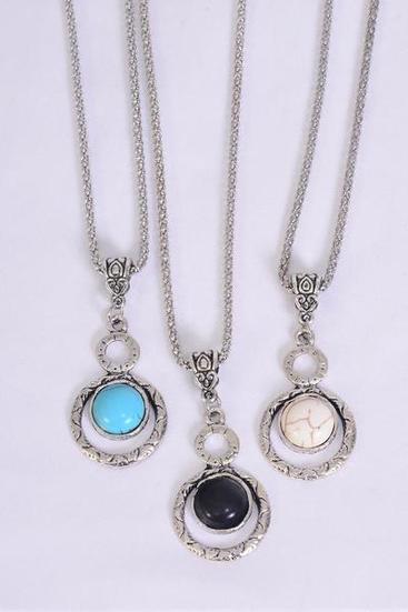 Necklace Silver Chain Metal Antique Round Dangle Semiprecious Stone / 12 pcs = Dozen  match 02972 Pendant - 1.5" x 1" Wide , Chain-18" Extension Chain , 4 Ivory , 4 Black , 4 Turquoise Asst , Hang Tag & OPP Bag & UPC Code