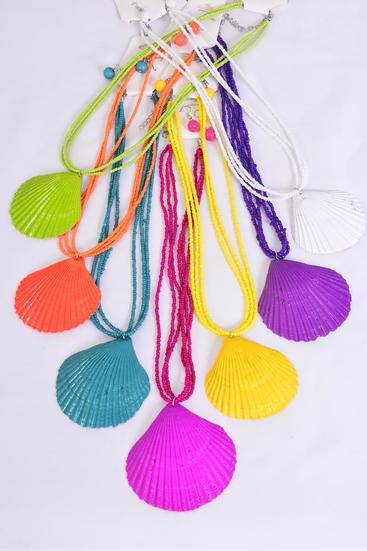 Necklace Sets Multi Real Seashell Pendant Indian Beads / 12 pcs = Dozen 18" Long , Pendant Size-2.5" x 2.5" , 2 White ,2 Teal green ,2 Fuchsia ,2 Purple , 2 Yellow ,1 Orange ,1 Lime Color Mix ,Hang Tag & OPP Bag & UPC Code